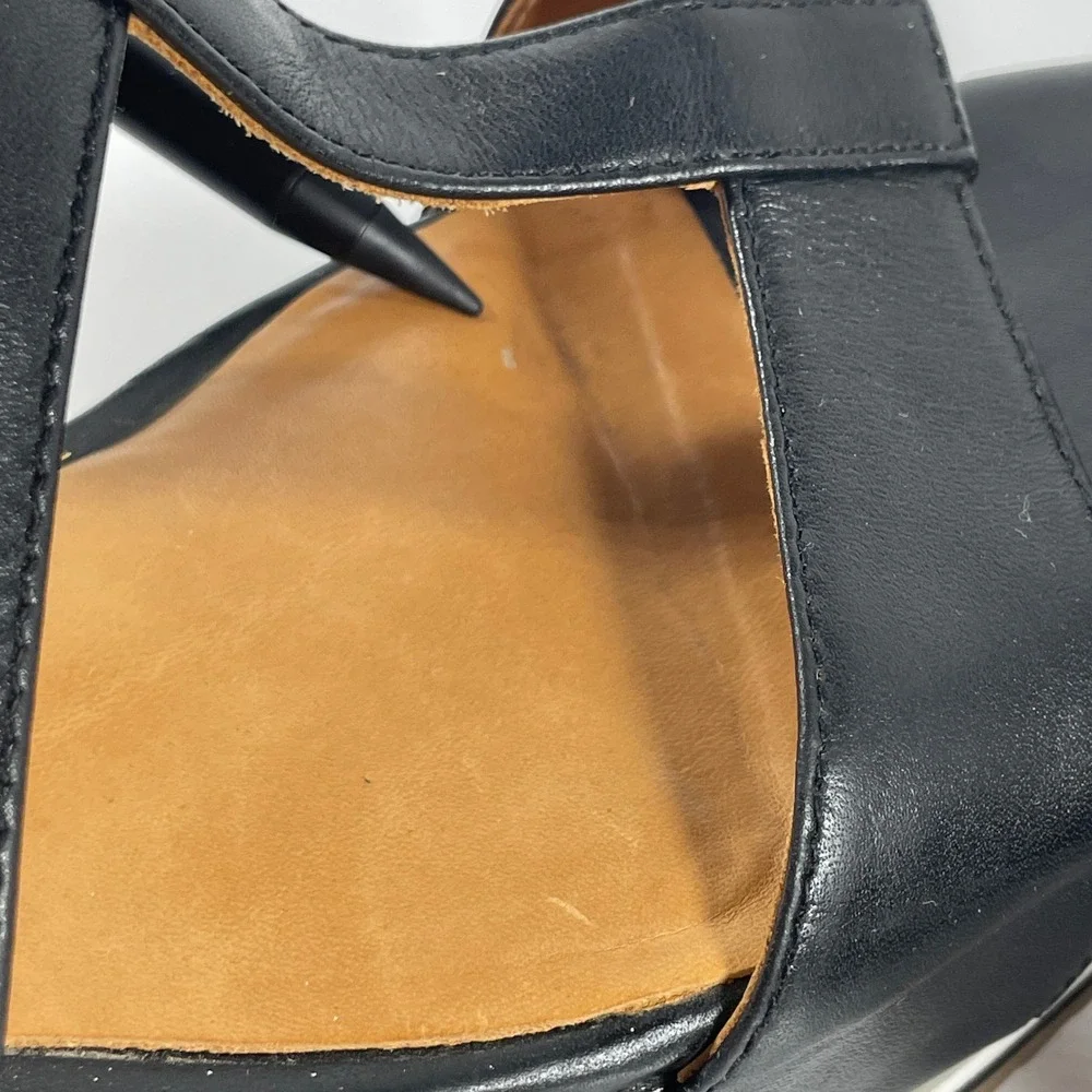sz 7.5 Bill Blass Ursula Black Leather Platform Wedge Sandals Ankle Strap